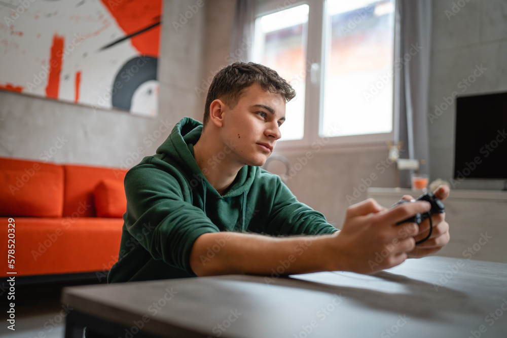 One teenager caucasian male young male play console video game at home One teenager caucasian male young male play console video game at home