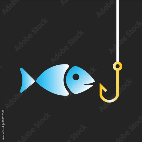 set of fishing a blue fish with hook lure flat icon, isolated on black background. animal, fish, fishing, hook, lure, fish hook, fishing hook, catch, bait, sea, seafood, ocean, vector illustration