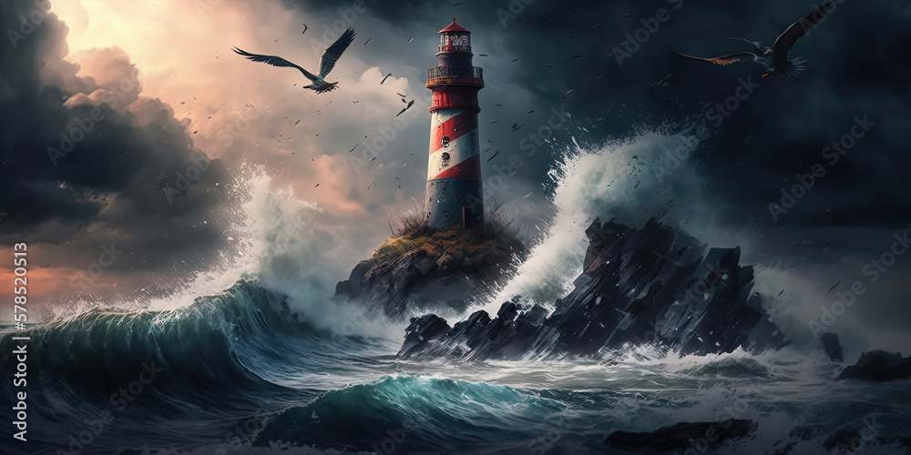 old lighthouse on the rocky shore, being hit by wild waves under the storm, with birds in the sky AI-Generated