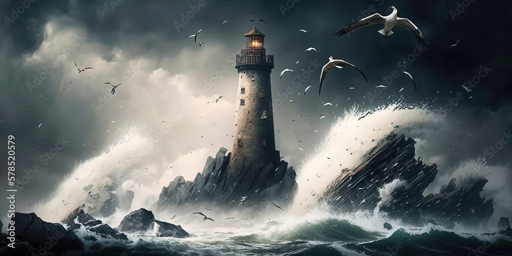 old lighthouse on the rocky shore, being hit by wild waves under the storm, with birds in the sky