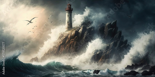 old lighthouse on the rocky shore, being hit by wild waves under the storm, with birds in the sky