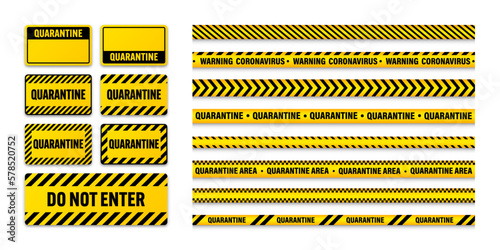Various quarantine zone warning tapes and shields. Novel coronavirus outbreak. Global lockdown. Coronavirus danger stripe. Police caution line, restricted area. Construction tape. Vector illustration © 32 pixels