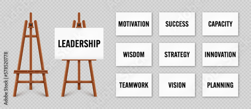 Realistic paint desk with text on white canvas. Wooden easel and a sheet of drawing paper. Presentation board on a tripod. Leadership and success, goals achievement. Vector illustration