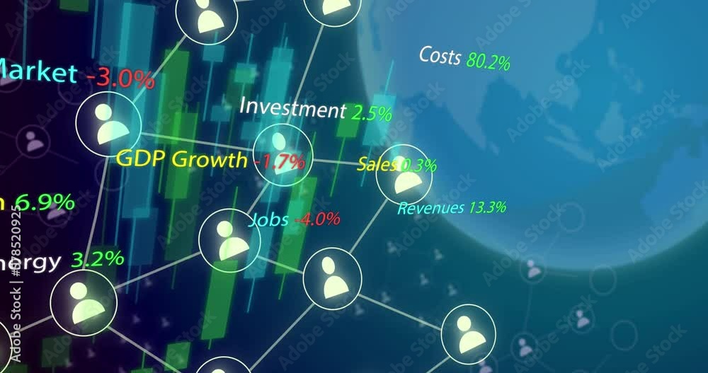 Animation of globe with icons and data processing Animation of globe with icons and data processing