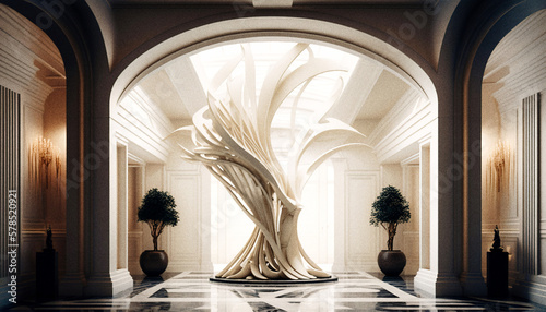 An elegant modern abstract sculpture at the entrance of a luxury hotel - generative ai