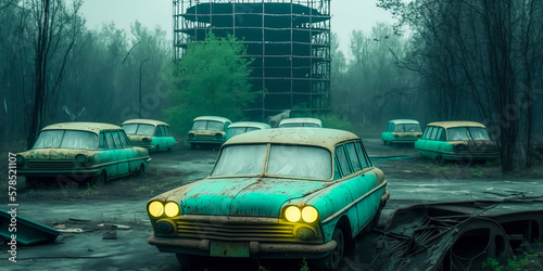 the pripyat city, cars get radiates the light of [cyan, green] luminiscent colors, mist and fog scene AI-Generated photo
