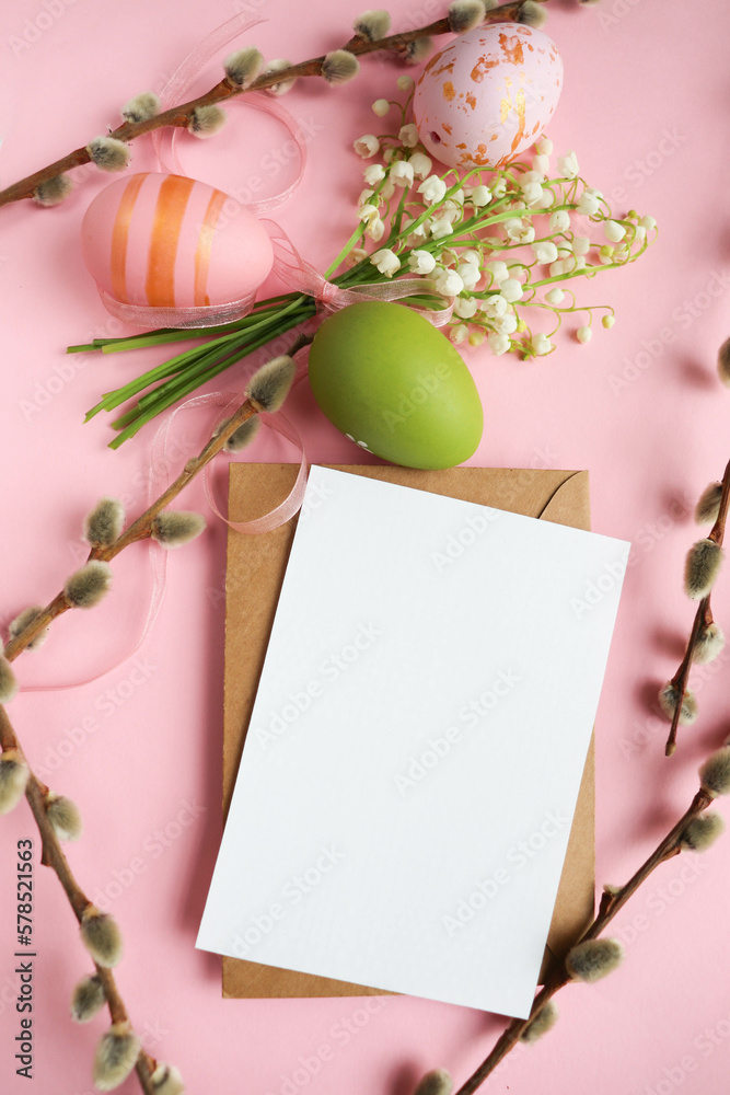 easter greeting card. colorful Easter eggs, willow twigs and spring flowers easter greeting card. colorful Easter eggs, willow twigs and spring flowers