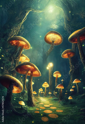 Fantasy deep forest, Luminous huge mushrooms, twisted geometry, luminous fireflies