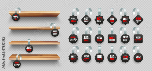 Wooden store shelves with supermarket promotional wobblers. Product shelf and advertising wobbler. Grocery wall rack. Sale or discount label, special offer price tag. Vector illustration photo
