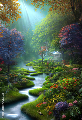 A carefully manicured water path through an elvish forest, cozy and delightful colors, autumn features, flowers and butterflies, bubbles and bees