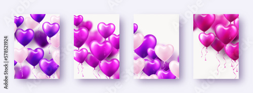 Valentine's Day banners with violet heart balloons. Wedding invitation card template, love background. Mother's Day greeting cards. Beautiful romantic banner. Vector illustration
