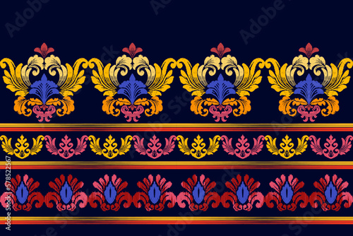 Ikat ethnic seamless pattern design Aztec fabric boho mandalas textile wallpaper tribal native motive carpet ornaments African American Indian folk embroidery vector 