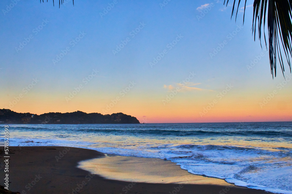 beach at sunrise with colors in the sky, coast in the background and palm tree in foreground, sayulita nayarit 