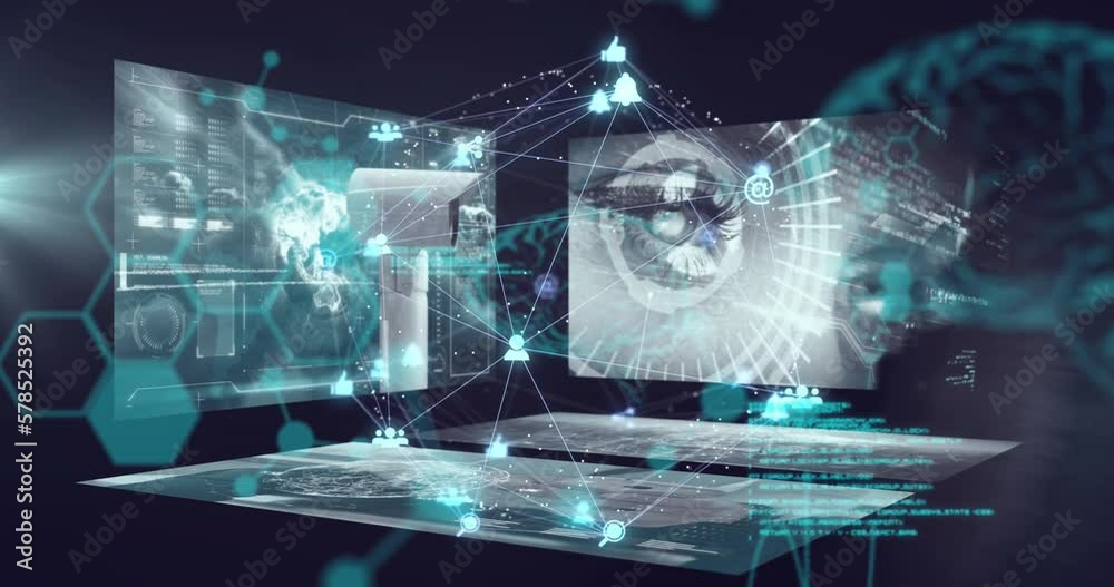 Animation of globe of digital icons and surveillance camera against screens with data processing