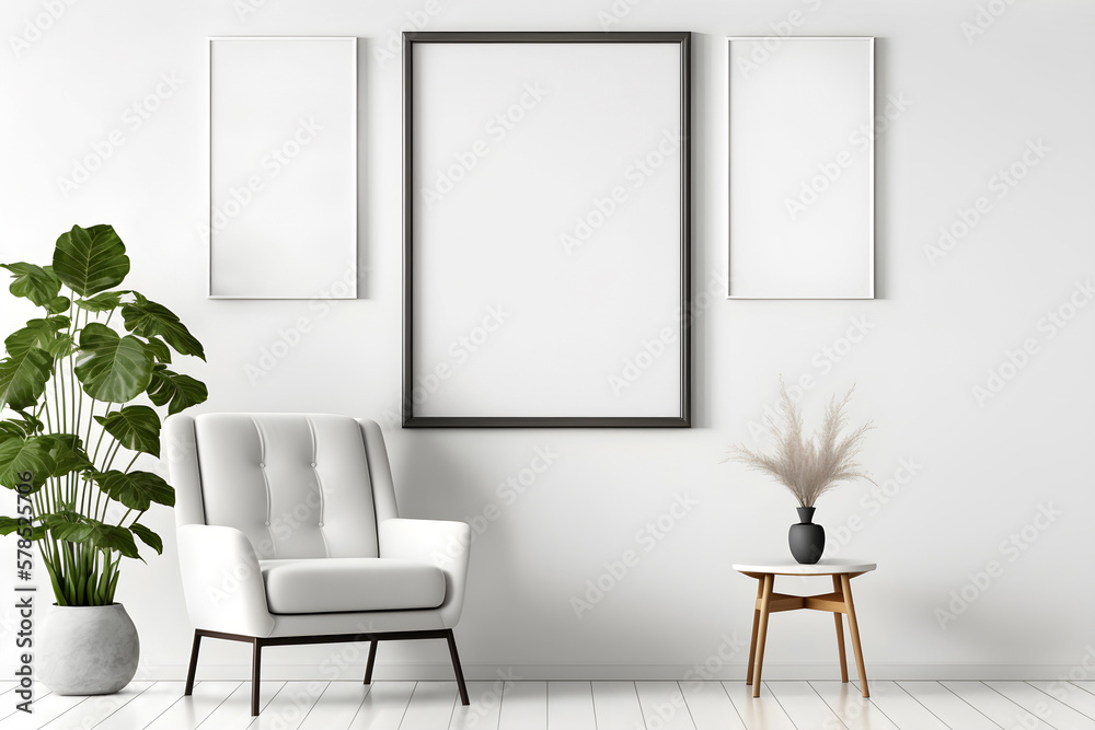 Modern White Room with Vertical Art Templates & Chair - Perfect for Artwork, Painting, Photo or Poster. Boho Style.  Minimalism Concept. 