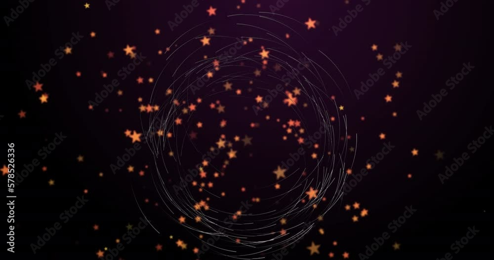 Animation of orange star icons over spinning light trails against black background Animation of orange star icons over spinning light trails against black background