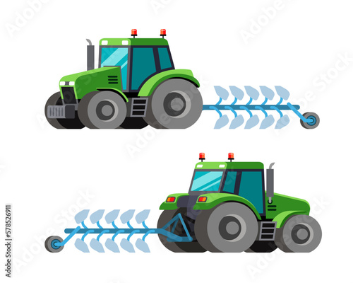 Agriculture green tractor with plow. Front and back side view abstract farm equipment. Colorful vector clip art on white background
