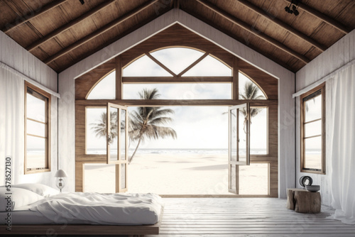 a clean simple bright room with wooden elements, a bed and air conditioning, right on the beach, beach bungalow or beach hotel. Generative AI © wetzkaz