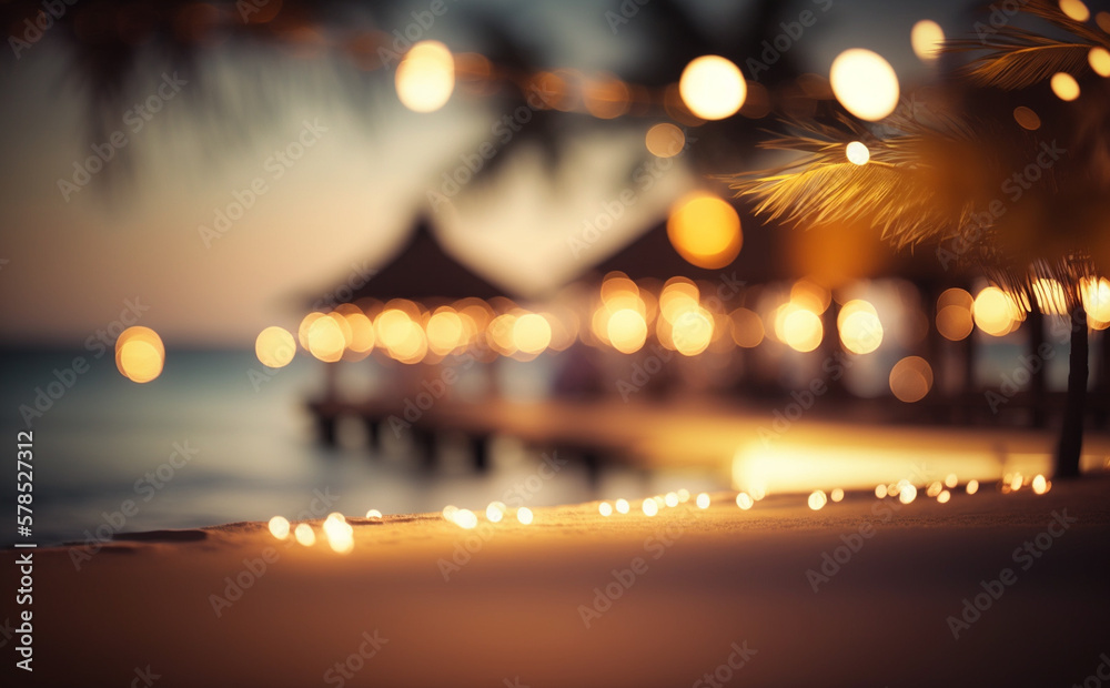 a beach overlooking the sea at sunset or evening , under palm trees with lights of beach restaurants, beach vacation holiday background. Generative AI