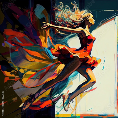 Dynamic colorful image of a dancing woman, generative ai