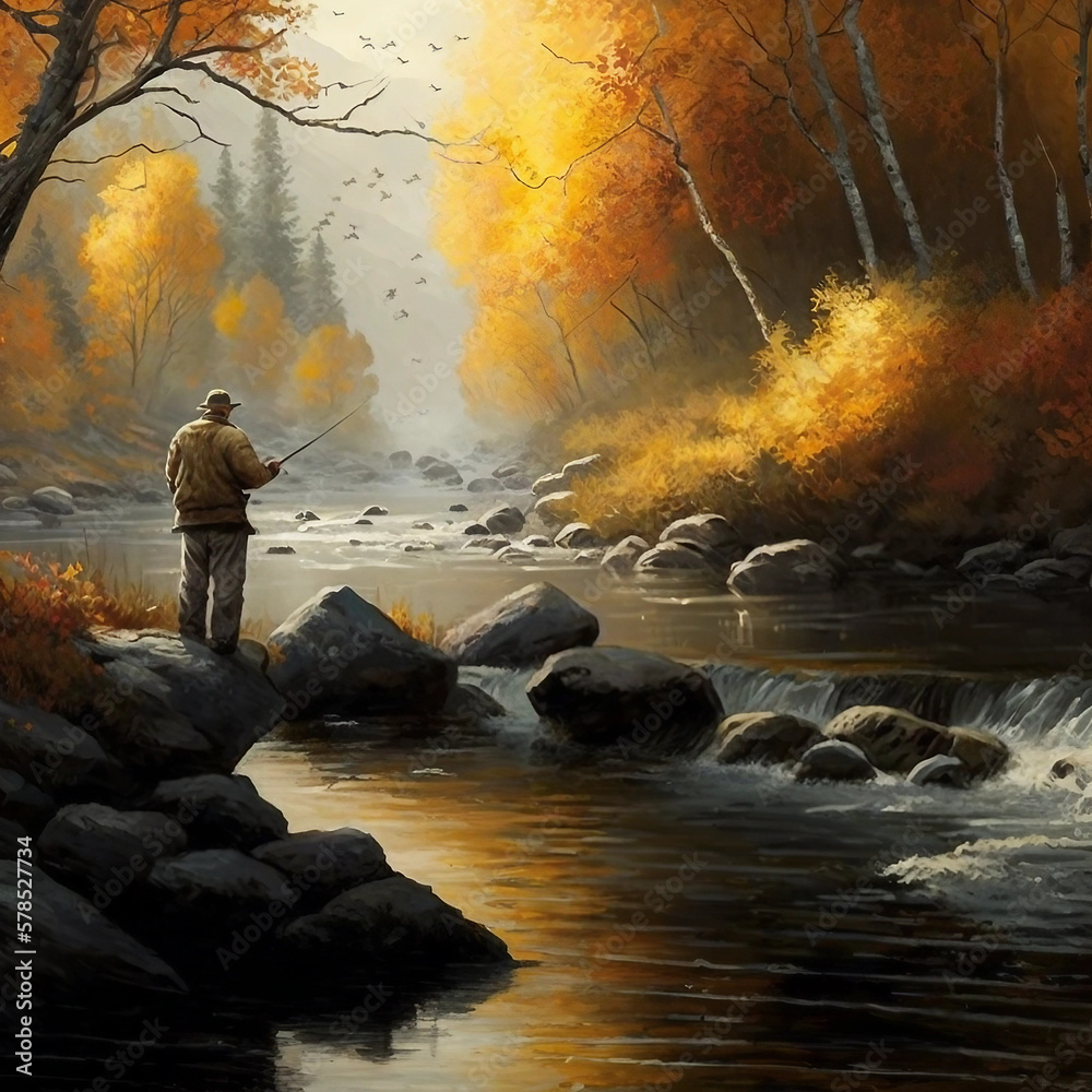 Fall Fishing background Fisherman catching on a wild river.