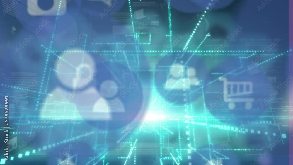 Animation of digital icons and green glowing light trails against blue background Animation of digital icons and green glowing light trails against blue background