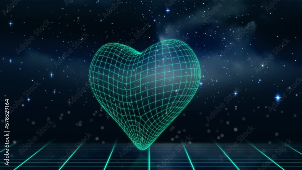 Animation of glitch effect over mesh heart shape icon against shining stars in space Animation of glitch effect over mesh heart shape icon against shining stars in space