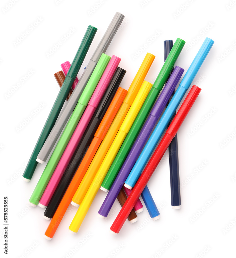 Many bright markers isolated on white, top view Many bright markers isolated on white, top view