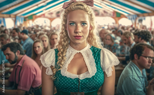 a young adult woman in a beer tent in munich at the oktoberfest, wears a typical traditional shirt, many other beer tent visitors are in the beer tent. Generative AI