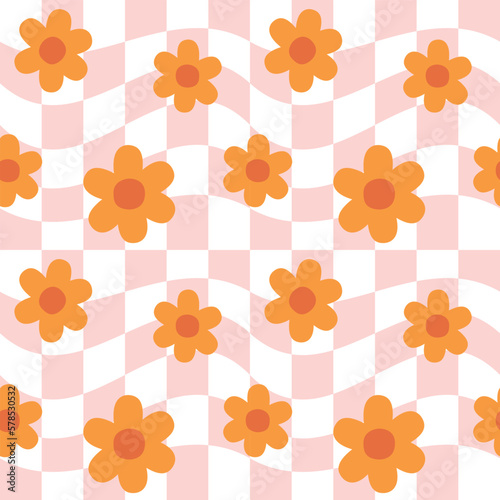 Vector seamless pattern of pink retro groovy flowers isolated on checkered chessboard texture background