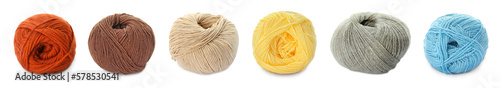 Collage with balls of colorful yarns on white background