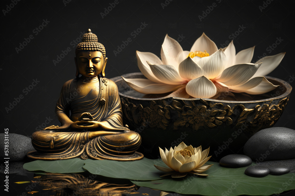 Zen garden with gold buddha statue and lotus flower, generative AI