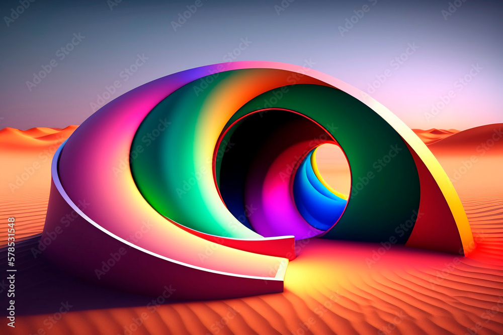 custom made wallpaper toronto digital3d abstract object in the middle of the desert with led lights of different colors, blue sky, 3d object , AI generated illustration