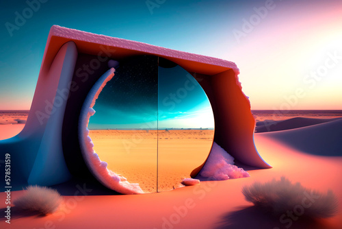 abstract portal with giant doors in the middle of the desert, sunset, blue sky , AI generated illustration