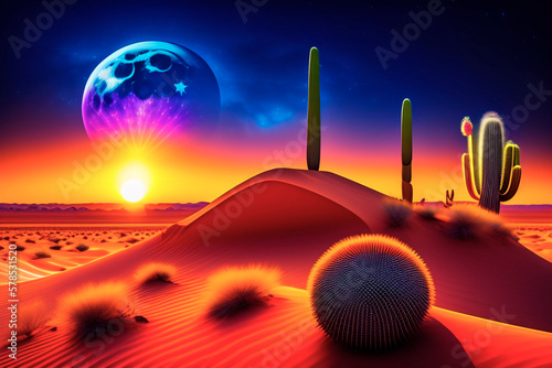 desert with the sunset and the moon in the sky , cactus , AI generated illustration