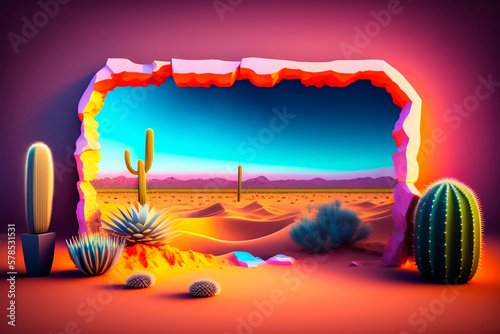 broken abstract wall in the middle of the desert with sand and plants, blue sky, cactus , AI generated illustration