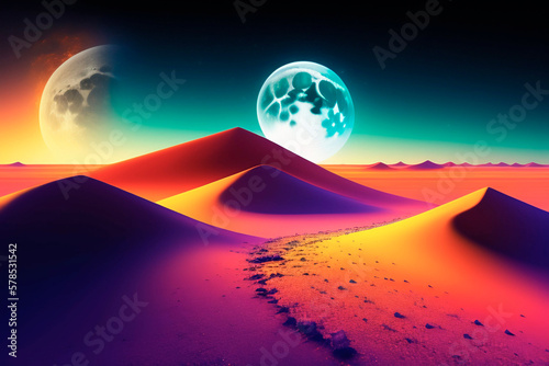 desert with the sunset and two moons in the sky , stars , AI generated illustration