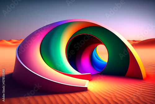3d abstract object in the middle of the desert with led lights of different colors, blue sky, 3d object , AI generated illustration