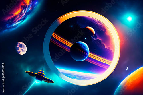 abstract planets in space, spaceship , AI generated illustration