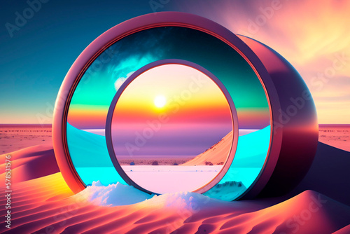 3d abstract object in the middle of the desert with a picture of winter and snow, blue sky, 3d object , AI generated illustration