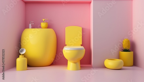 Bright large bathroom with yellow toilet. Modern interior design. Space pink background for mockup. Generative AI.