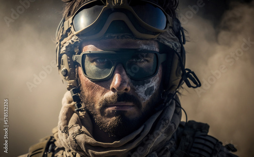 a adult man, soldier in uniform with hard hat and goggles and beard with microphone, dirty or dirty face, strong penetrating gaze, soldier in war, fictional place and person. Generative AI