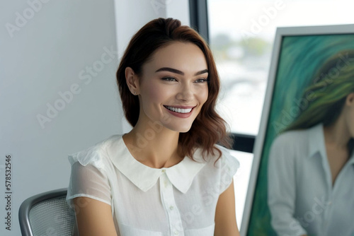 young woman sits by the win...