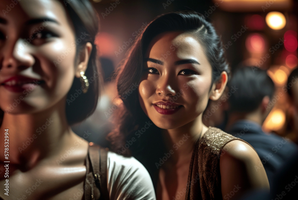 young asian adult female woman girl, friendly smiling dark tanned skin, asian girl, slim with dark hair and dark eyes, fictional place. Generative AI young asian adult female woman girl, friendly smiling dark tanned skin, asian girl, slim with dark hair and dark eyes, fictional place. Generative AI