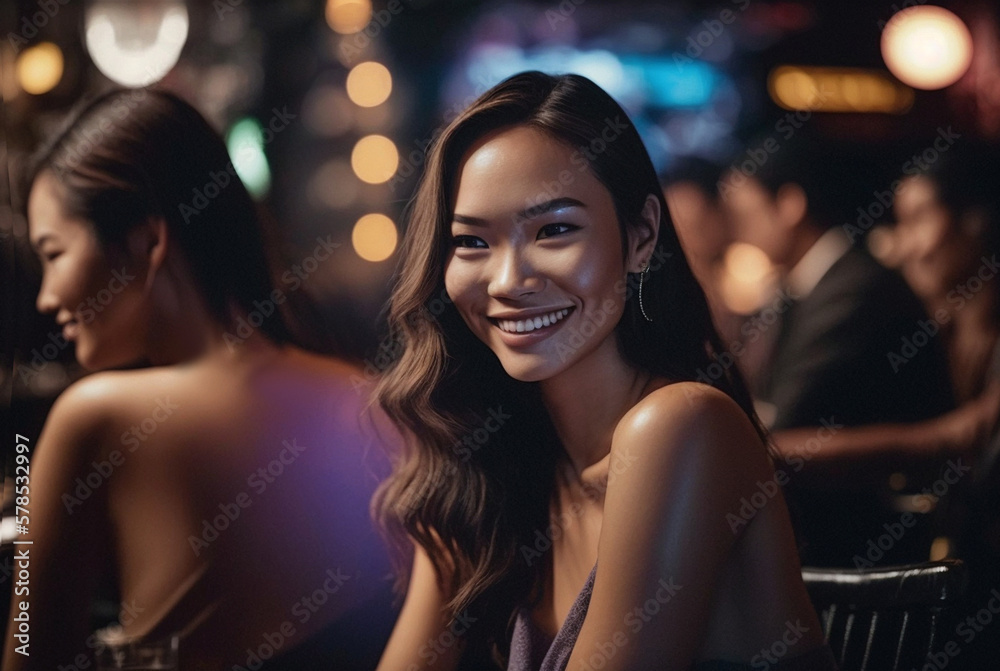 young asian adult female woman girl, friendly smiling dark tanned skin, asian girl, slim with dark hair and dark eyes, fictional place. Generative AI