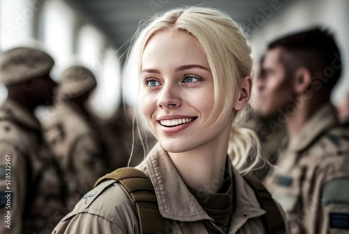 a young adult soldier in a soldier's uniform together with other soldiers in a soldier's uniform on a mission. Generative AI