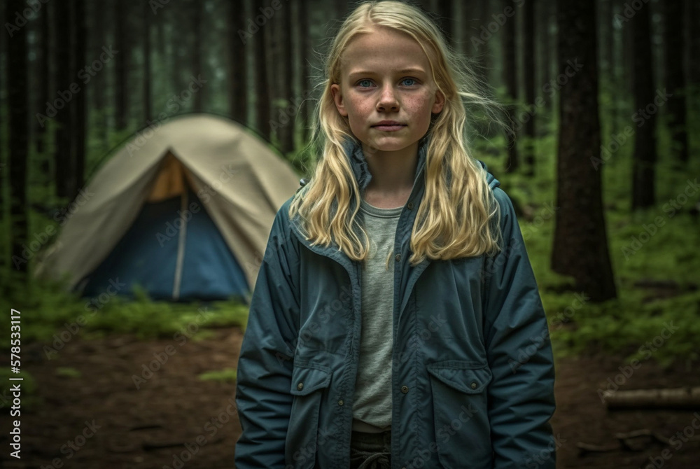 worried child in forest at a tent at evening, fictional place and person. Generative AI worried child in forest at a tent at evening, fictional place and person. Generative AI