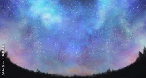 Foto 薄紫色の星空と針葉樹のシルエットの風景イラスト　横長