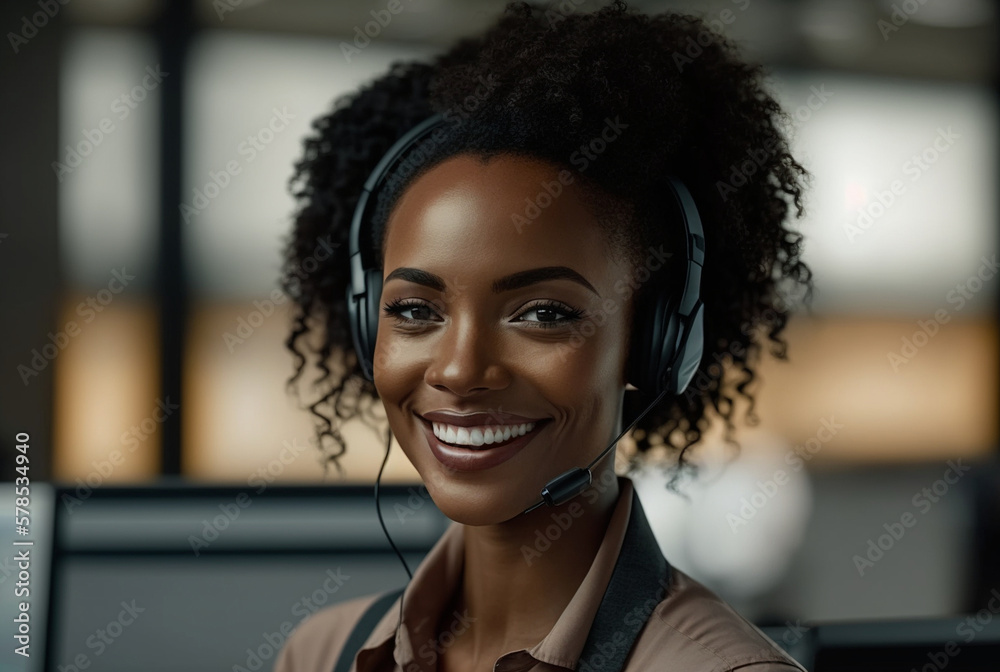 young african american dark skinned woman in the office or at home with headphones and a friendly smile. Generative AI young african american dark skinned woman in the office or at home with headphones and a friendly smile. Generative AI