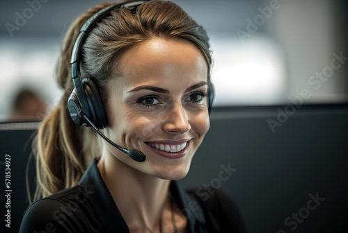 young woman in the office with headphones and a friendly smile. Generative AI